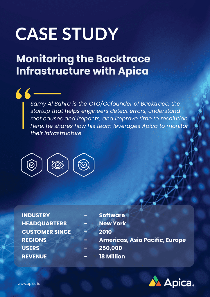 Product briefs, technical briefs, data sheets of Apica & its capabilities 19 Monitoring the Backtrace Infrastructure with Apica